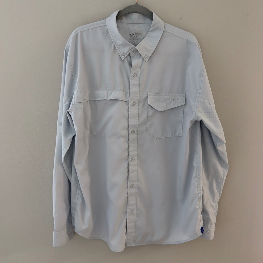 Huk Mens Performance Fishing Shirt Light Blue Vented Long Sleeve Button Down L